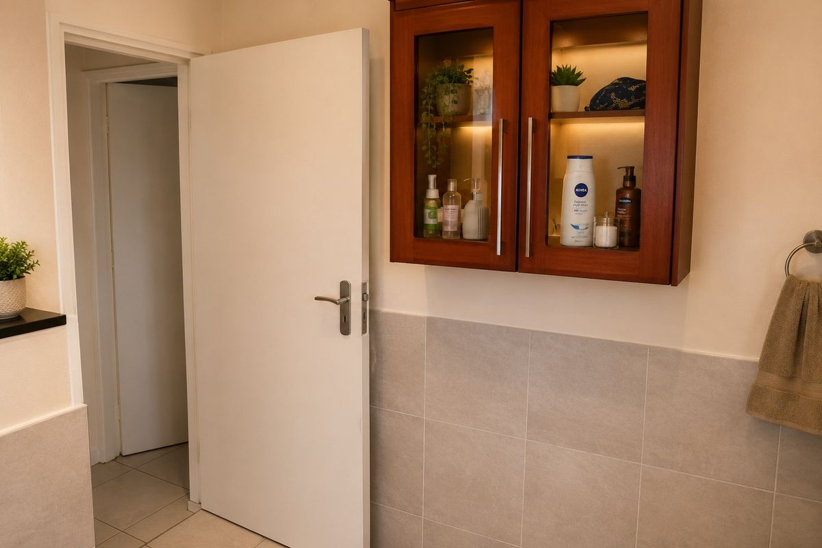 A well-maintained bathroom featuring a wall-mounted wooden vanity cabinet with integrated lighting and neutral tiled splashback finishes.