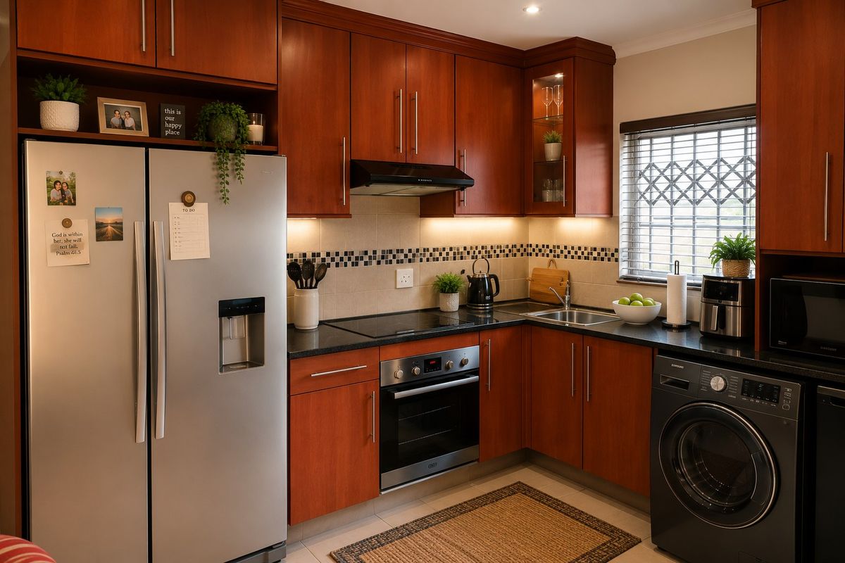 A well-maintained kitchen featuring cherry wood cabinetry, granite countertops, built-in oven, electric hob, and a tiled backsplash with under-cabinet lighting.
