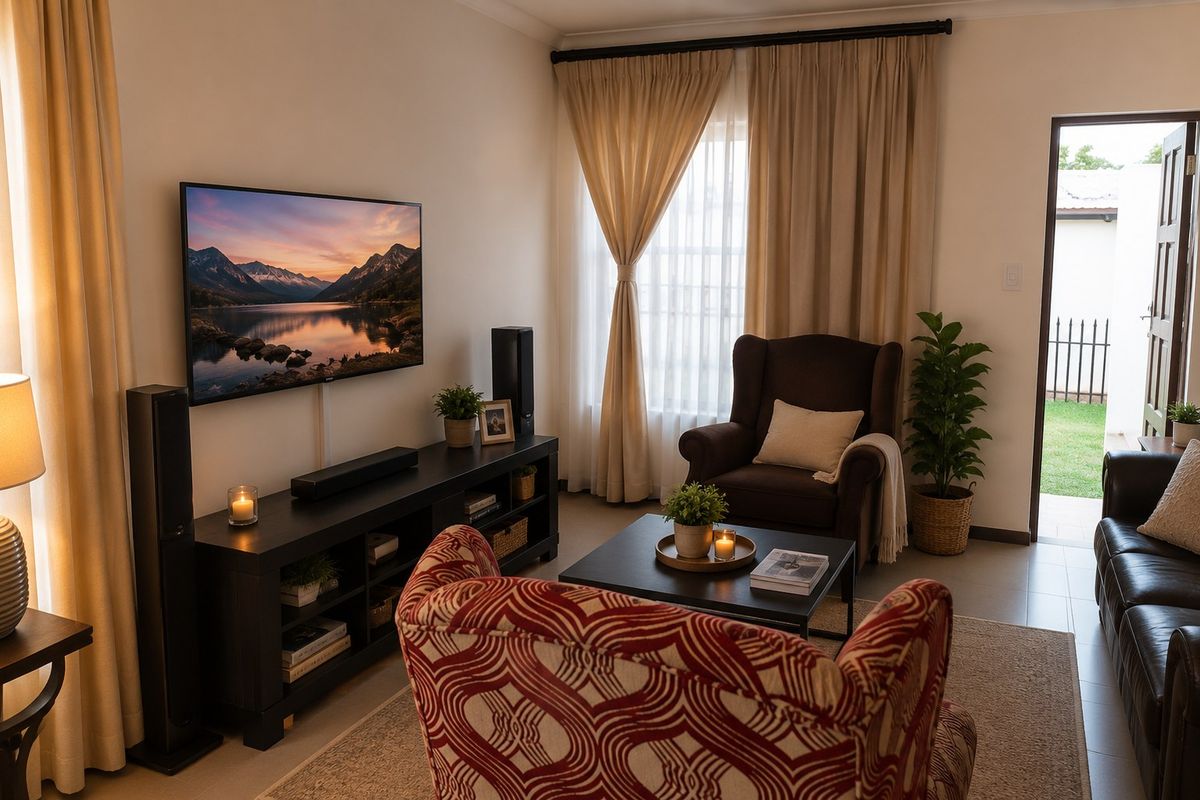 A comfortable living room featuring tiled flooring, neutral wall finishes, and direct access to an outdoor area through a standard door.