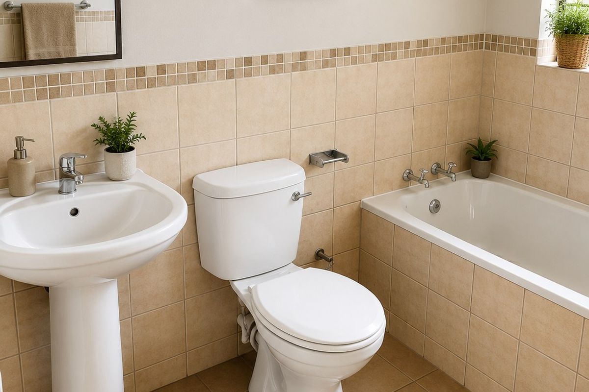 A well-maintained bathroom featuring a pedestal basin, standard toilet, and a built-in bathtub with neutral wall and floor tiling.