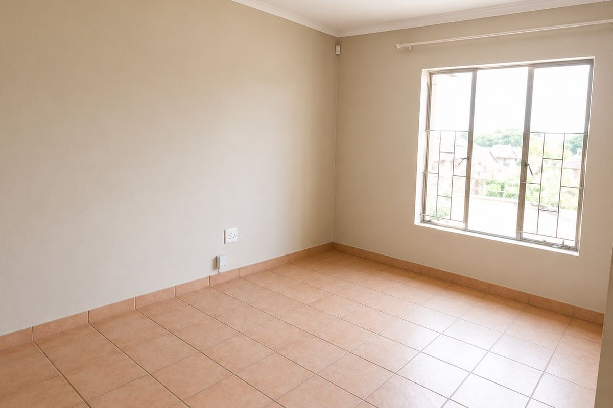 An empty bedroom featuring neutral wall paint, tiled flooring, and a window fitted with security bars.
