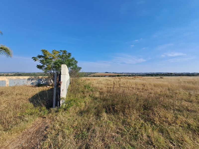 Expansive open farm land featuring a section of a weathered boundary wall under a clear blue sky.