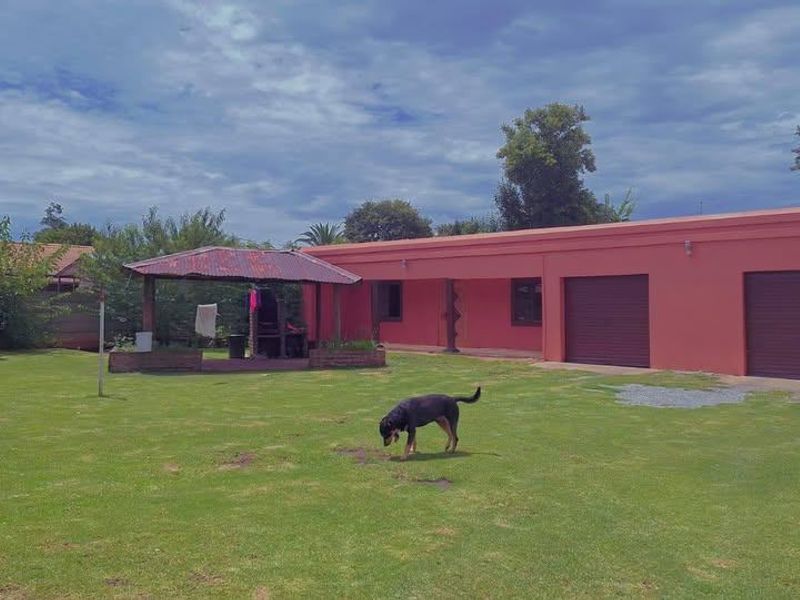Rear view of the property featuring a spacious lawn, a covered patio with a built-in braai, and a double garage with roller shutter doors.