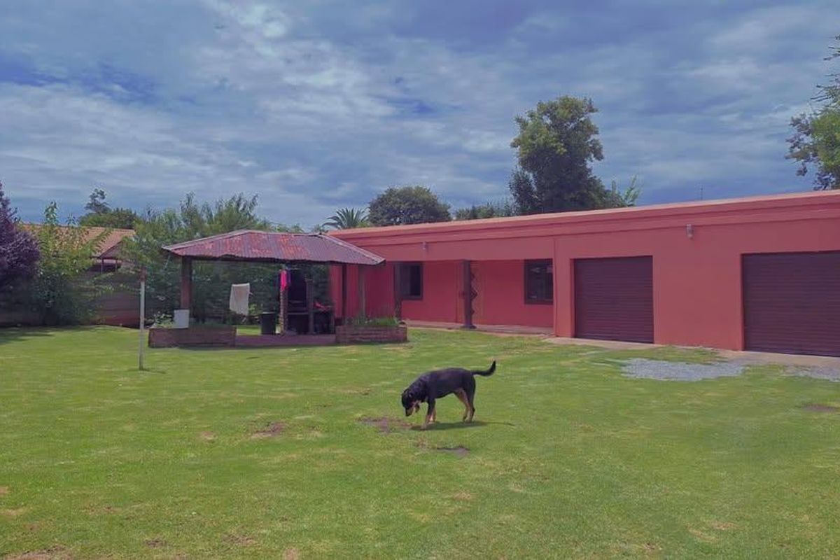 Rear view of the property featuring a spacious lawn, a covered patio with a built-in braai, and a double garage with roller shutter doors.