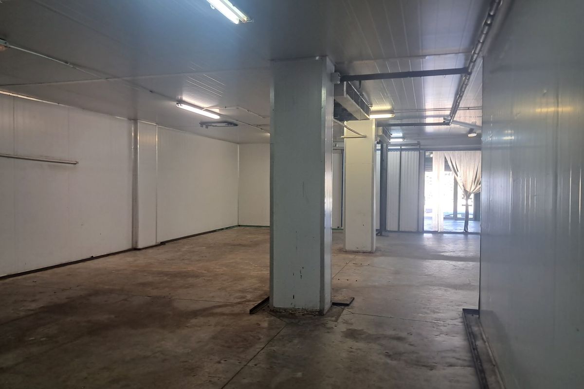 Spacious commercial utility or storage area featuring insulated wall panels, concrete flooring, and industrial fluorescent lighting, suitable for various commercial or warehouse applications.