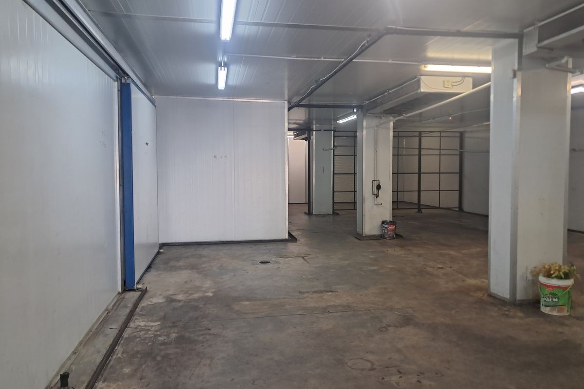 A large, empty industrial utility space featuring cold storage panels, a sliding refrigeration door, concrete flooring, and overhead fluorescent lighting.
