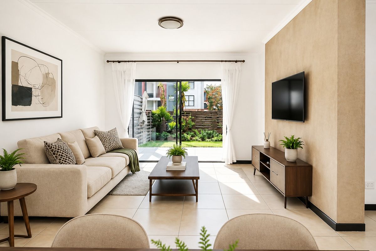 Bright and modern living room featuring large sliding glass doors that open to a private garden area, complemented by neutral tiled flooring.