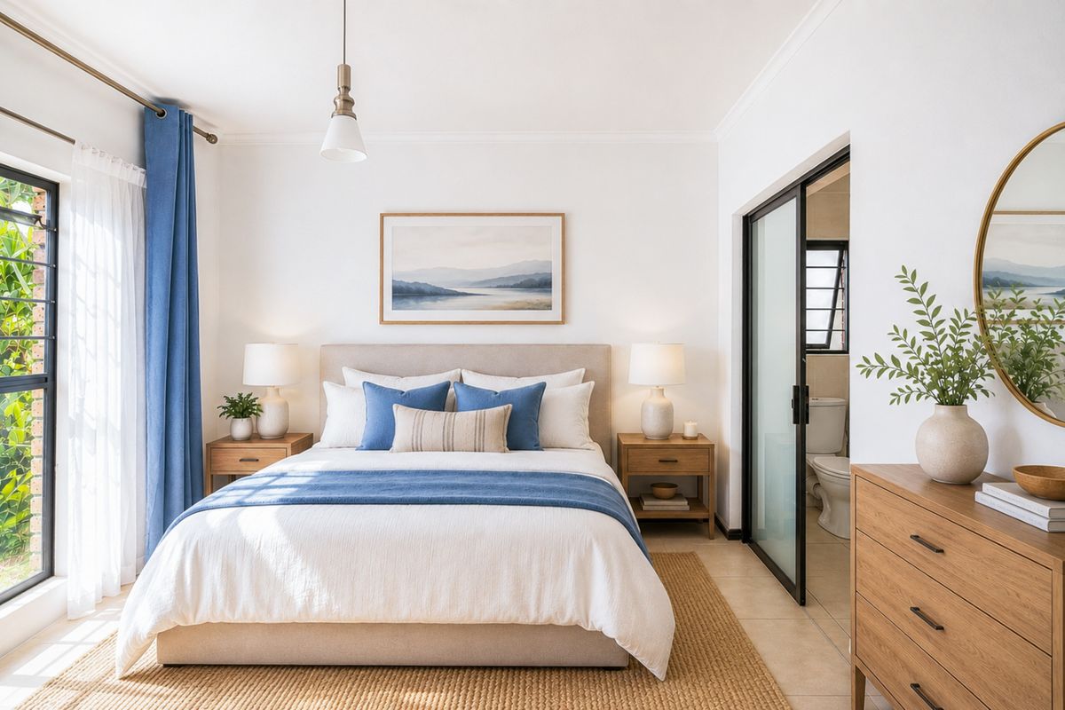 A bright and well-maintained bedroom featuring tiled flooring, a sliding glass door leading to an en-suite bathroom, and large windows with natural light.