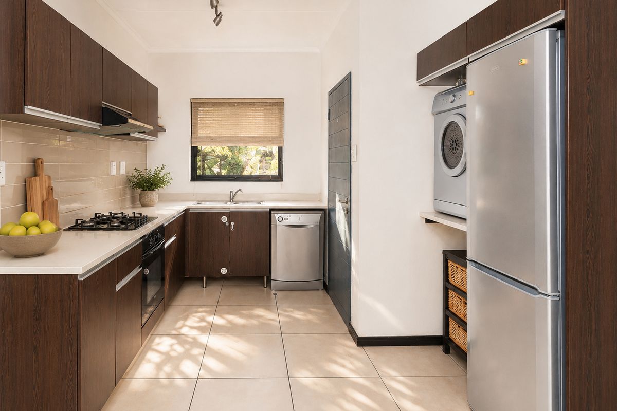 Modern kitchen featuring dark wood cabinetry, stone countertops, gas hob, integrated oven, and tiled flooring with ample natural light.