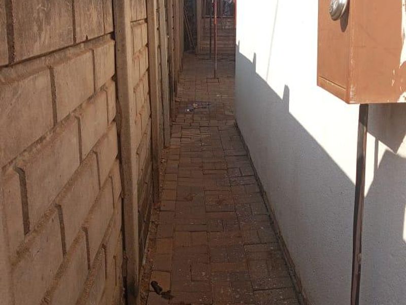 A narrow paved side passage or rear walkway featuring a precast concrete boundary wall and an external utility meter box.