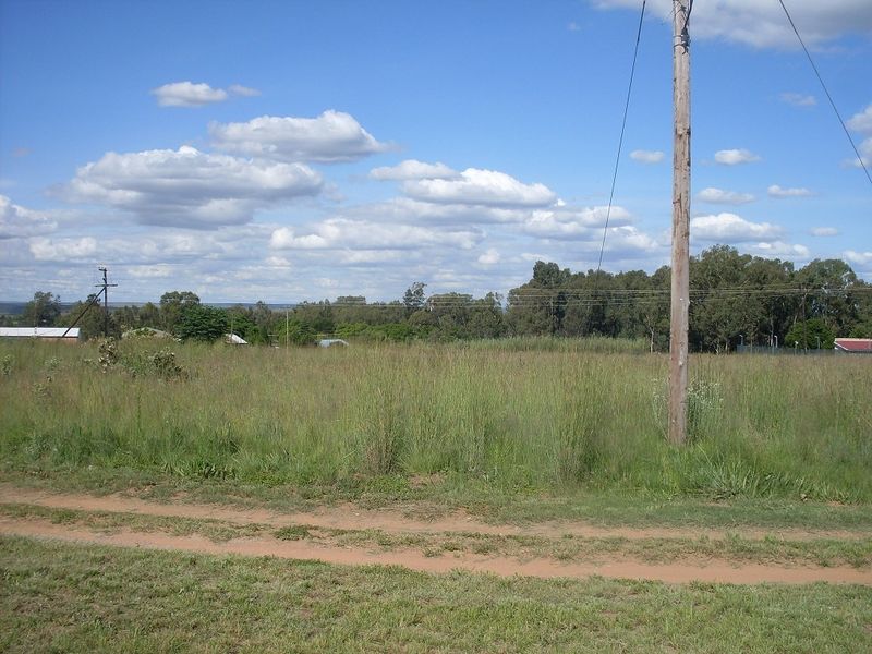 A view of a vacant residential plot featuring natural grass cover, an unpaved access path, and existing utility infrastructure.