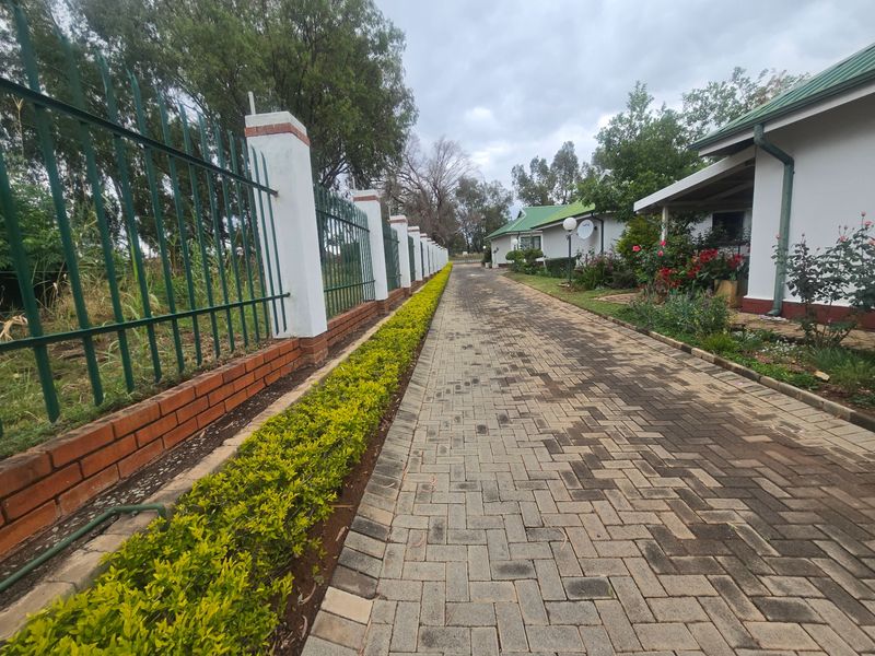A well-maintained paved driveway leading to the townhouse entrance, featuring secure perimeter fencing, brick boundary walls, and established garden landscaping.
