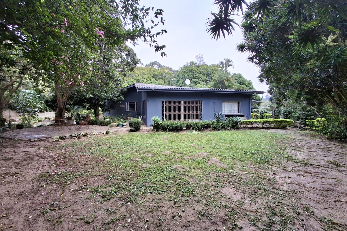 Rear view of the house featuring a paved patio area, security bars on windows, and a large garden with mature trees.