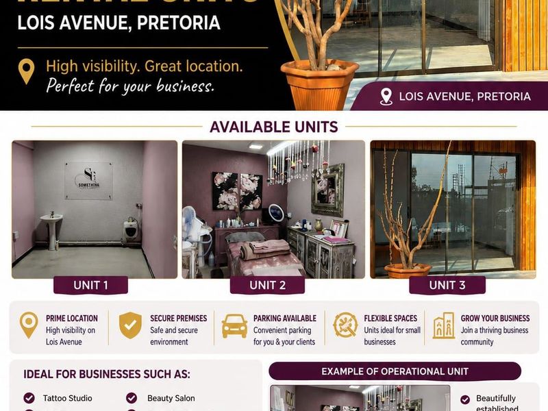 A promotional marketing flyer for commercial rental units located on Lois Avenue, Pretoria, showcasing available office or studio spaces.