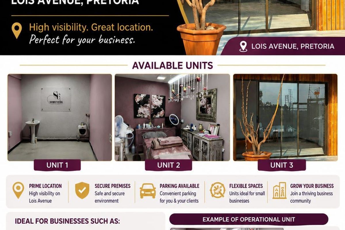 A promotional marketing flyer for commercial rental units located on Lois Avenue, Pretoria, showcasing available office or studio spaces.