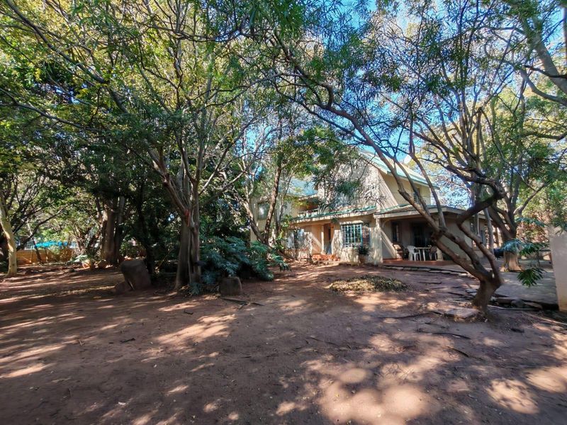 Rear view of the house featuring a covered patio area set within a large, mature garden with extensive tree coverage.