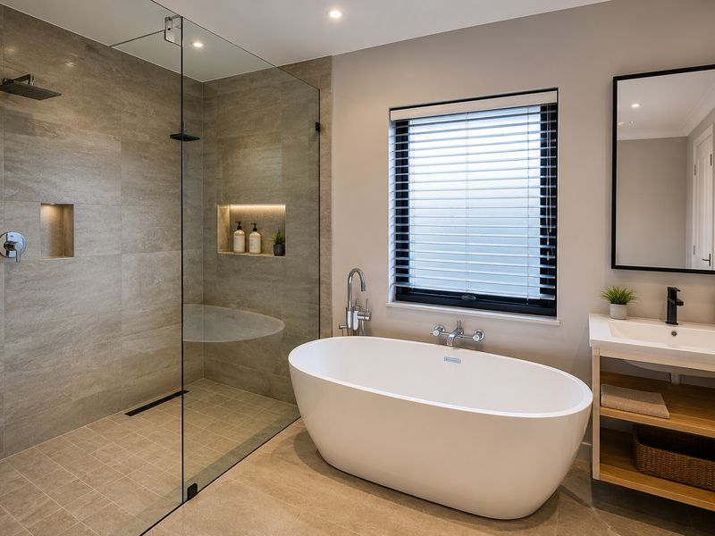 Modern bathroom featuring a spacious walk-in shower with recessed niche, a sleek freestanding bathtub, and a contemporary vanity unit with quality finishes.