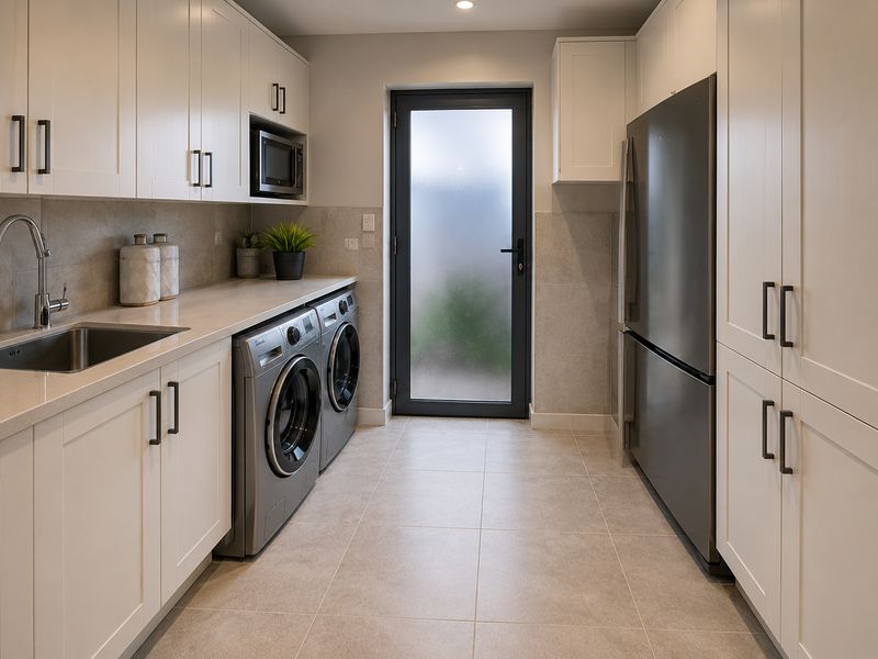 A modern, well-appointed laundry room featuring sleek white cabinetry, stone countertops, an undermount sink, and direct access to the exterior.