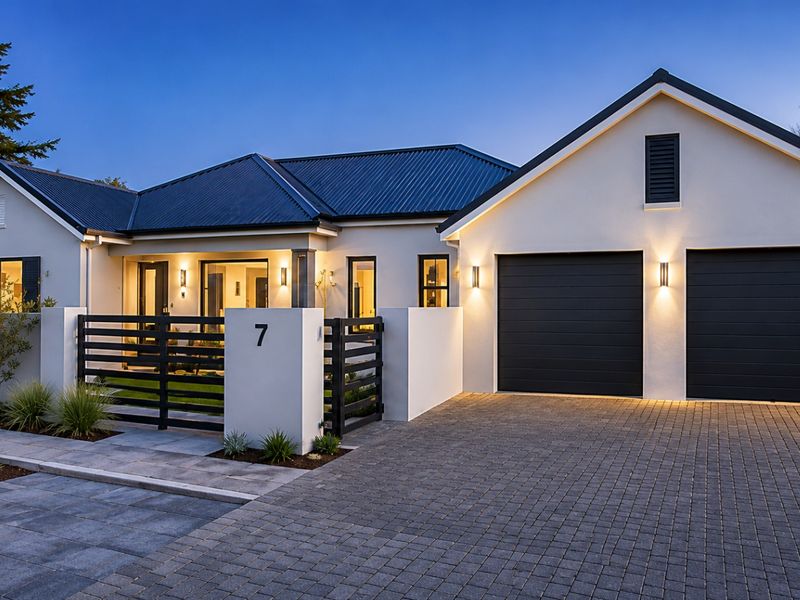 Modern front elevation featuring a double garage, paved driveway, and contemporary exterior lighting, showcasing a well-maintained and stylish residential facade.