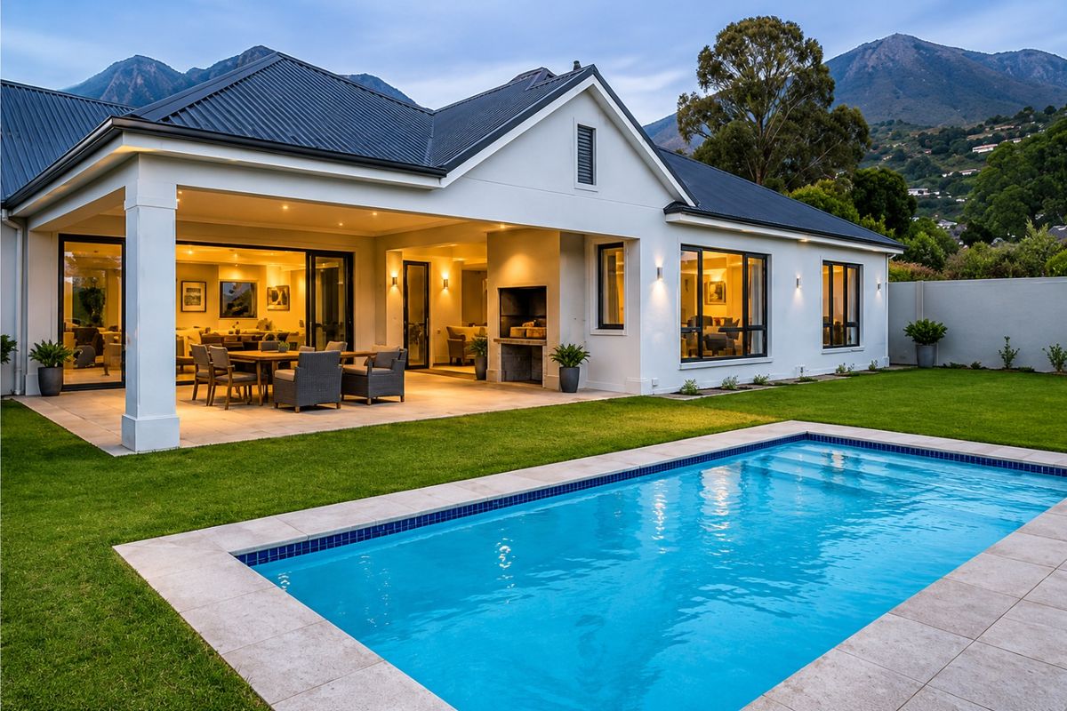 A beautifully maintained rear exterior featuring a covered patio with a built-in braai, overlooking a sparkling swimming pool and landscaped garden.