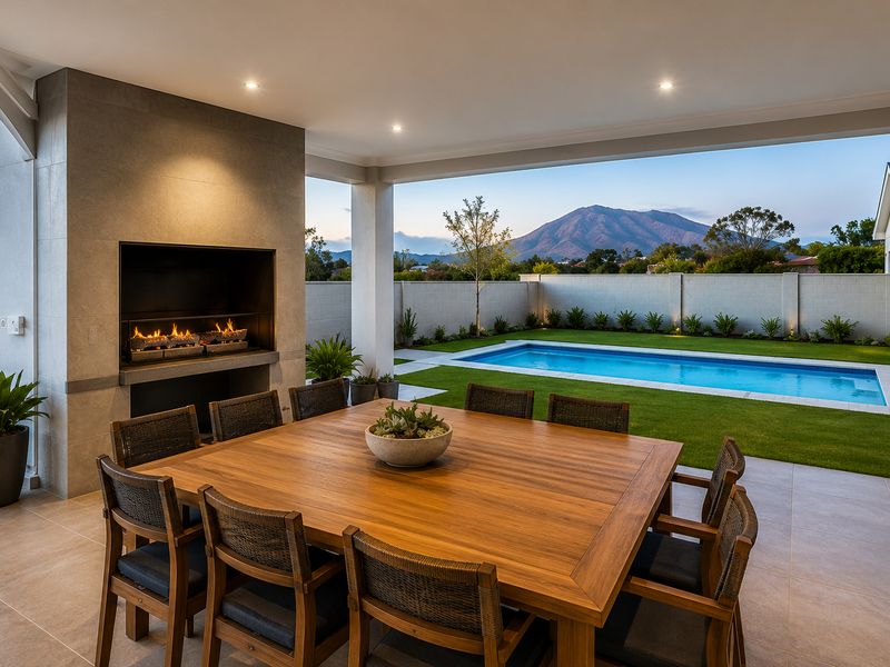 Covered outdoor patio featuring a built-in fireplace, tiled flooring, and direct access to a swimming pool and landscaped garden with mountain views.