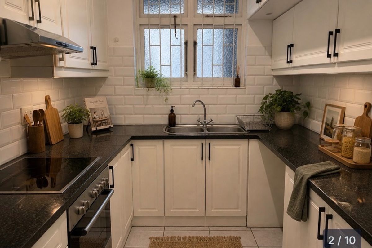 A well-maintained kitchen featuring white shaker cabinetry, dark granite countertops, subway tile backsplash, and integrated stainless steel appliances.