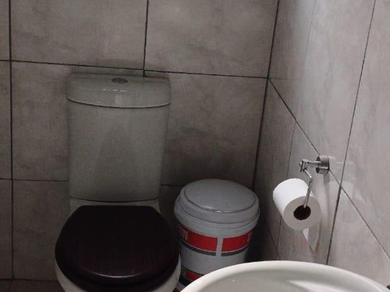 A compact bathroom featuring a pedestal basin, toilet, and neutral wall tiling with a decorative border.