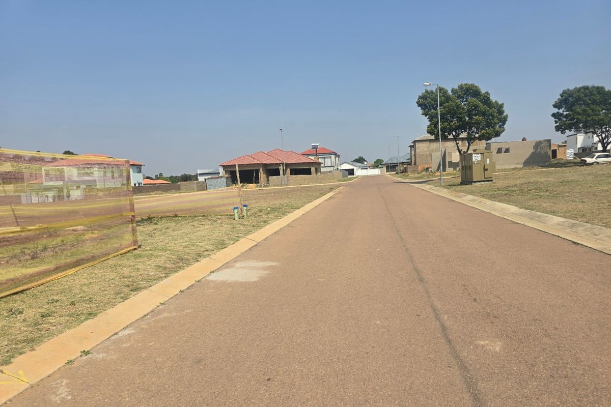 A view of a paved residential street in a developing estate, featuring concrete curbing, street lighting, and surrounding vacant residential plots.