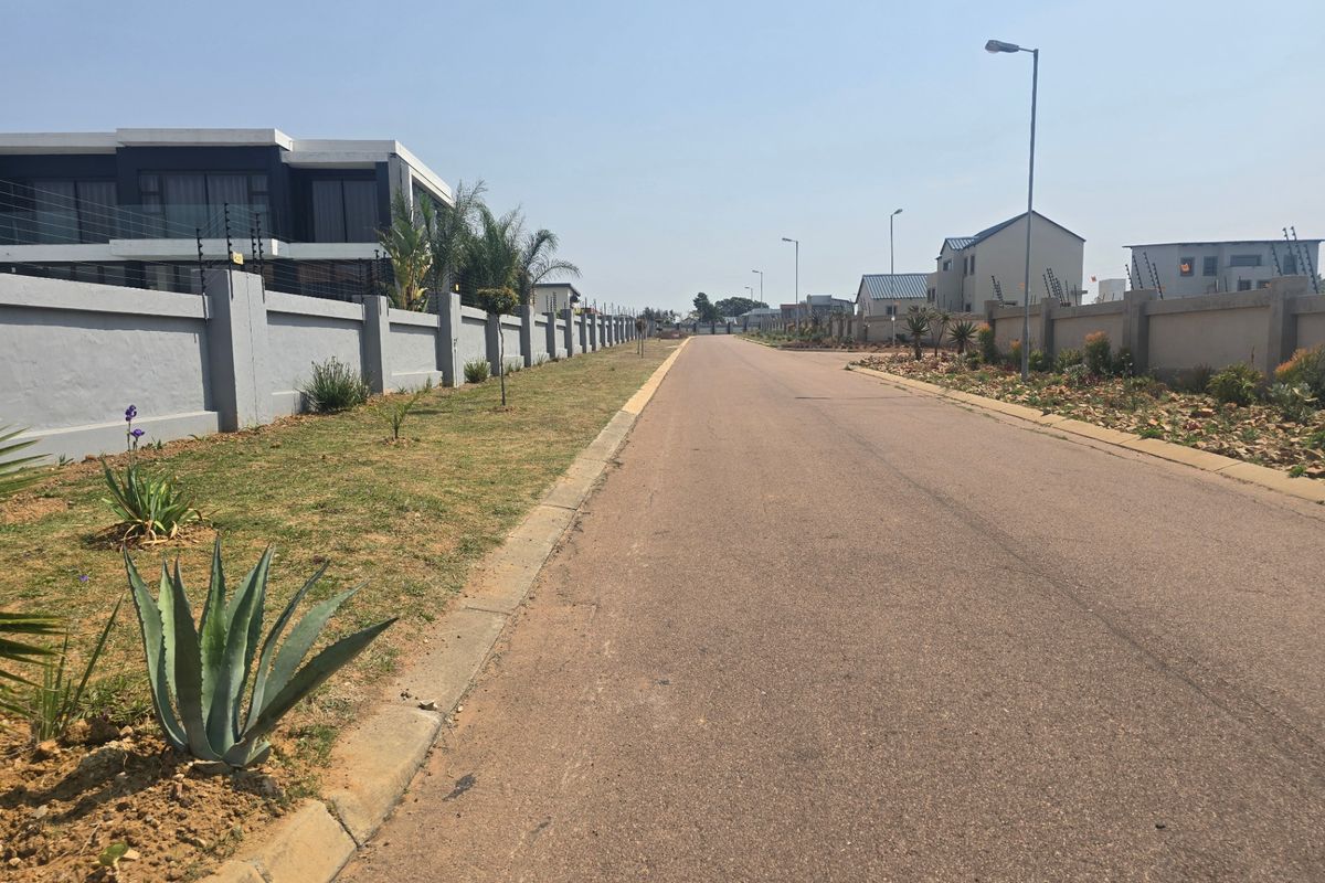 A view of a paved residential street in a secure estate, featuring perimeter walls with electric fencing and established landscaping.