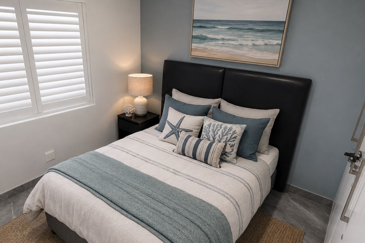 A well-maintained bedroom featuring tiled flooring, plantation shutters, and a neutral color palette with a feature wall.