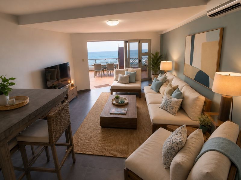 Spacious open-plan living area featuring tiled floors, split-system air conditioning, and seamless access to a balcony with ocean views.