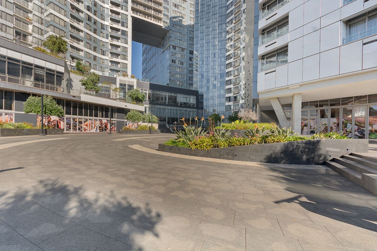 A modern commercial courtyard featuring paved surfaces, landscaped planter beds, and contemporary glass-fronted building architecture.