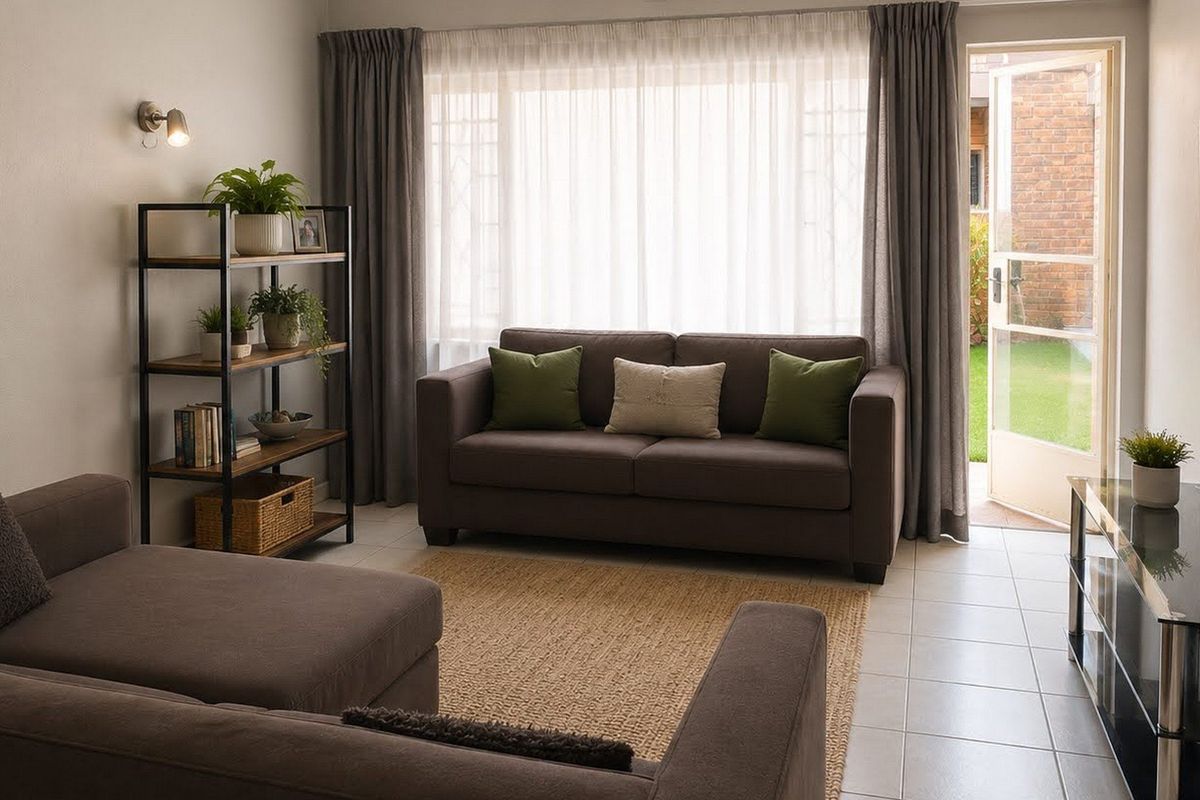 A well-lit living room featuring tiled flooring, neutral walls, and direct access to an outdoor area through a glass-paneled door.