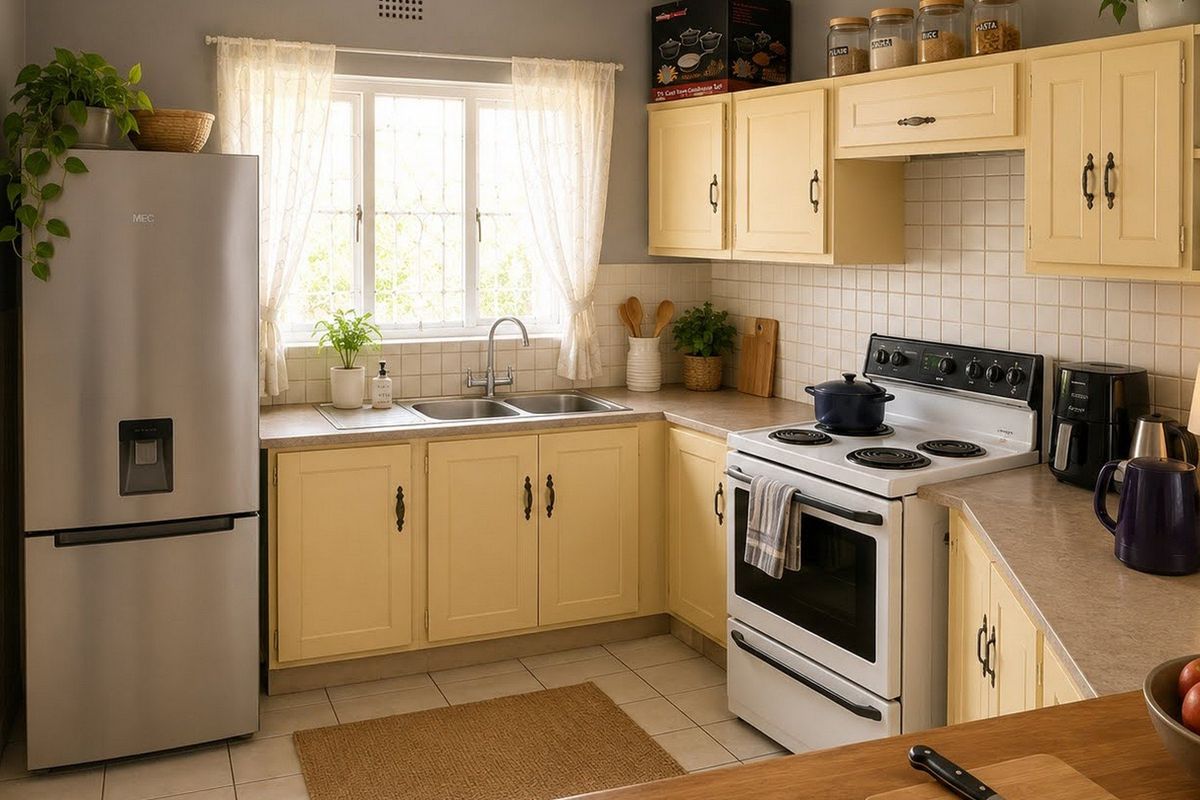 A functional kitchen featuring light-toned cabinetry, laminate countertops, a double sink, and a freestanding stove with a tiled backsplash.