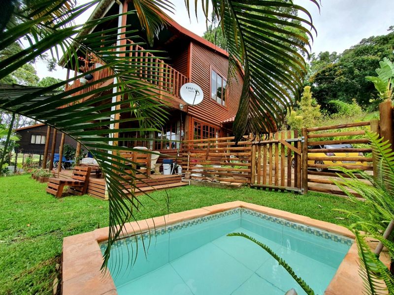 Rear view of a timber-clad townhouse featuring a private swimming pool, wooden deck, and enclosed garden area.