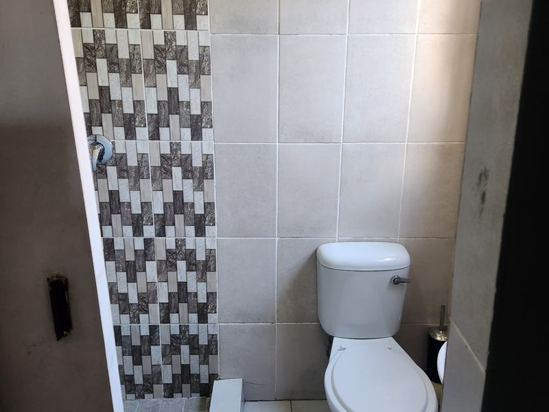 A compact bathroom featuring a standard toilet and a tiled shower area with decorative wall accents.