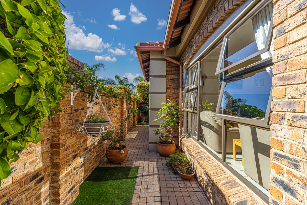 A well-maintained side walkway featuring face brick walls, paved flooring, and large aluminium windows overlooking the garden area.