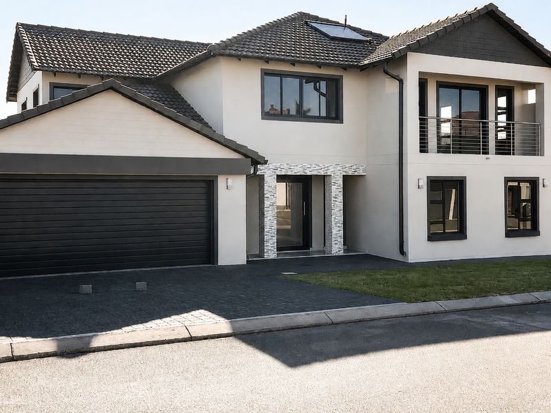 Modern double-story residence featuring a double garage, paved driveway, stone-clad entrance, and an upper-level balcony with contemporary finishes.