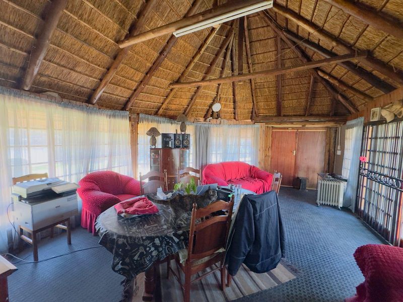 Spacious living area featuring a traditional thatched roof with exposed timber rafters and large sliding glass doors providing natural light.