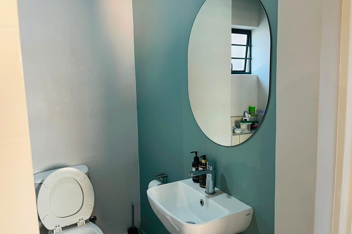A clean and modern bathroom featuring a pedestal basin with a chrome mixer tap, an oval wall mirror, and a standard toilet.