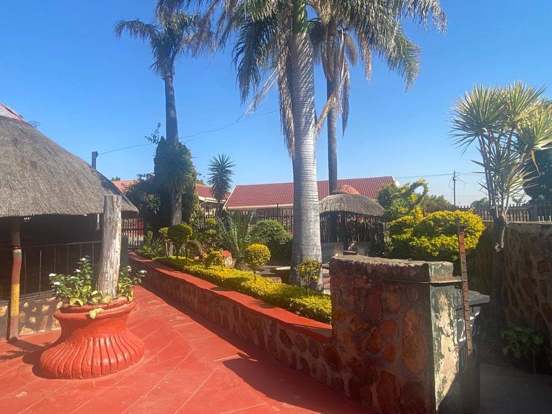 A landscaped garden area featuring a thatched roof structure, stone retaining walls, paved patio space, and mature palm trees under a clear sky.