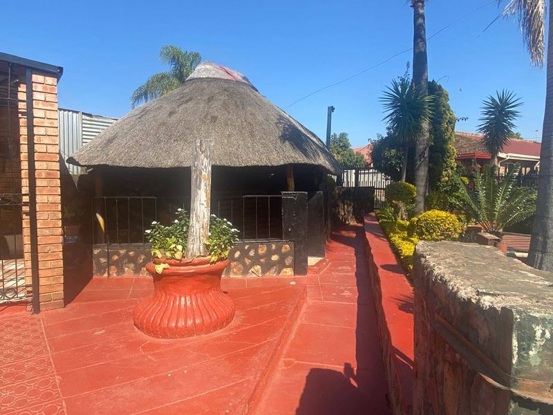 Outdoor entertainment area featuring a traditional thatched lapa structure with painted concrete flooring and stone masonry retaining walls.