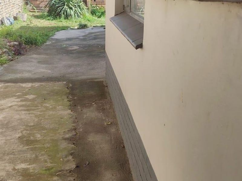 A view of the rear exterior area featuring a concrete pathway, brick boundary wall, and an external electrical meter box.