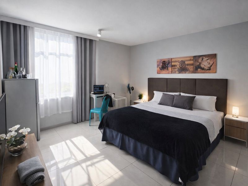 A well-lit bedroom featuring tiled flooring, a large upholstered headboard, and floor-to-ceiling curtains, creating a comfortable and modern living space.
