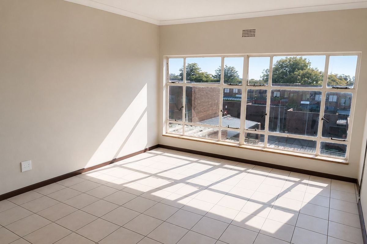 A bright, empty bedroom featuring neutral tiled flooring and a large multi-pane window providing ample natural light and an urban view.