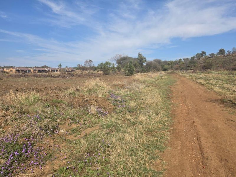 A view of a vacant residential plot featuring a dirt access road and natural vegetation with neighboring properties visible in the distance.