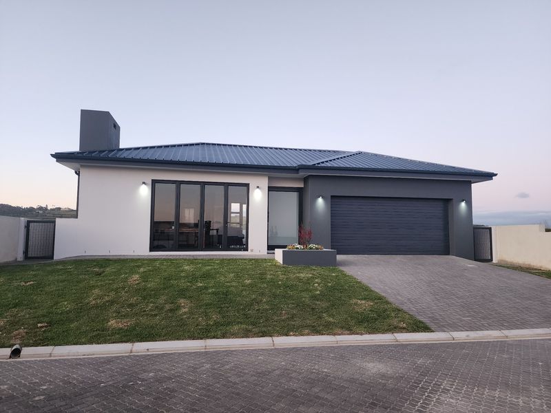 Modern single-story home featuring a metal roof, double garage, paved driveway, and contemporary exterior lighting.