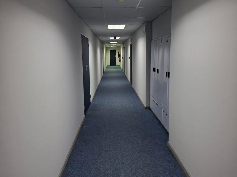 A long commercial office hallway featuring blue carpet flooring, suspended ceiling with recessed lighting, and a row of built-in storage lockers.