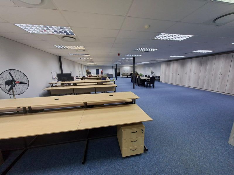 Spacious open-plan commercial office area featuring suspended ceilings, recessed lighting, extensive built-in storage cabinetry, and blue carpeting throughout.