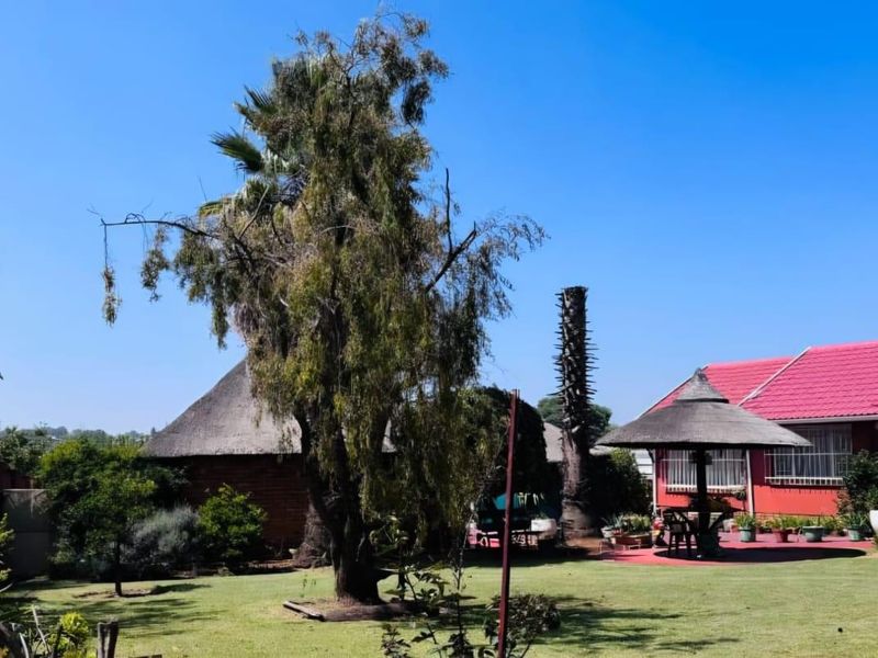 A spacious rear garden featuring a well-maintained lawn, mature trees, a thatched-roof structure, and a paved patio area adjacent to the main house.
